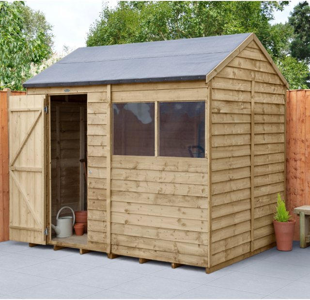 8x6 Forest Overlap Reverse Apex Shed -  Pressure Treated - insitu and angled with door open