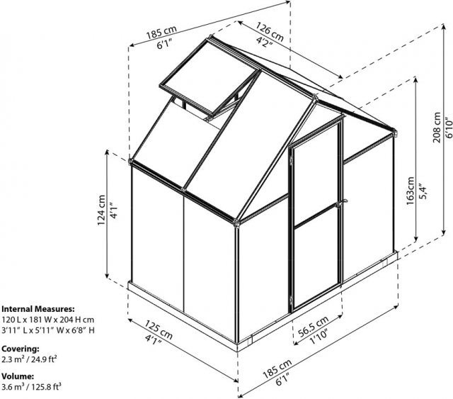 6 x 4 Palram Mythos Greenhouse in Green - dimensions