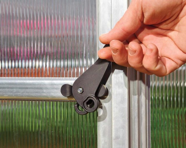 6 x 4 Palram Mythos Greenhouse - door handle can be locked with a padlock (shown on silver model)