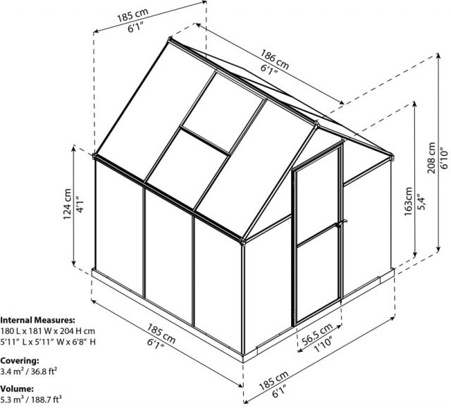 6 x 6 Palram Mythos Greenhouse in Grey - dimensions