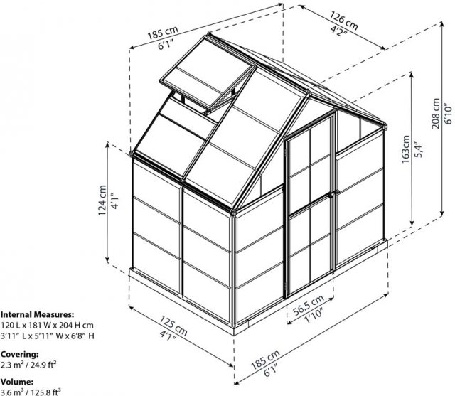 6 x 4 Palram Harmony Greenhouse in Silver - dimensions