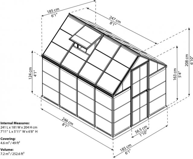 6 x 8 Palram Harmony Greenhouse in Grey - dimensions