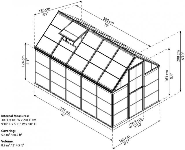 6 x 10 Palram Mythos Greenhouse in Green - dimensions