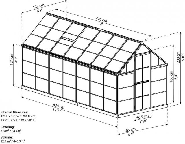 6 x 14 Palram Harmony Greenhouse in Silver - dimensions