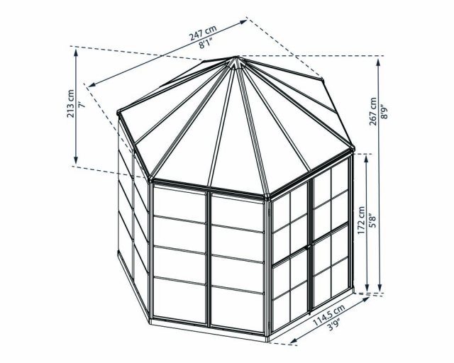 8ft Palram Oasis Hexagonal Greenhouse in Grey - dimensions