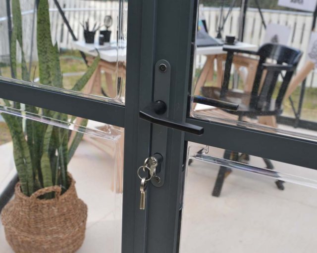 12ft Palram Oasis Hexagonal Greenhouse in Grey - door handle can be locked with a key