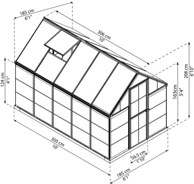 6 x 10 Palram Hybrid Greenhouse in Green - dimensions