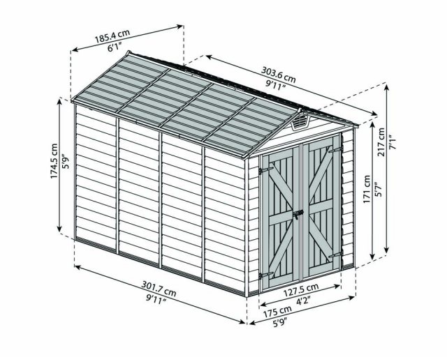 6x10 Palram Skylight Plastic Apex Shed - Tan - diagram