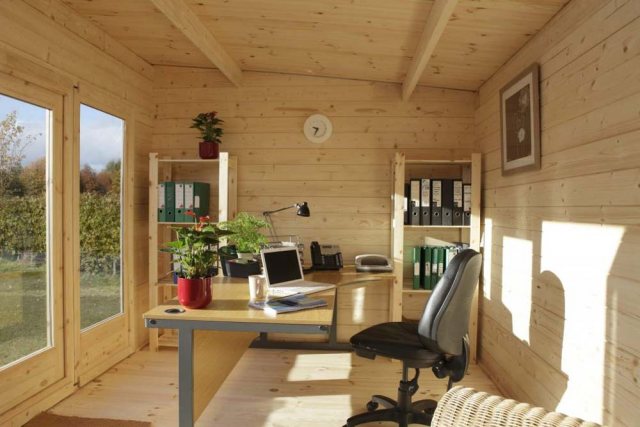 10 x 13 Forest Melbury Pent Log Cabin - interior set up as home office