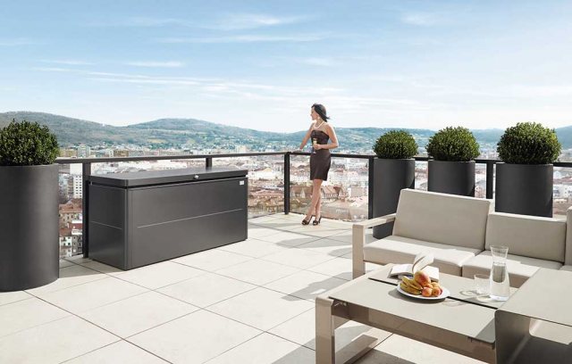 5 x 2 Biohort LoungeBox 160 - Metallic Silver in situ on a roof terrace