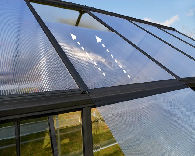 Palram Hybrid Greenhouse in Grey - sliding assembly method for polycarbonate panels