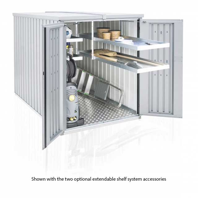 4 x 7 Biohort MiniGarage - Metallic Silver with doors open and shelving pulled forward