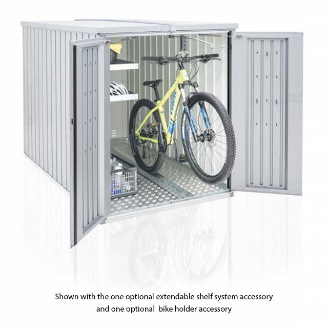4 x 7 Biohort MiniGarage - Metallic Silver with doors open with bike on bike rack and shelving