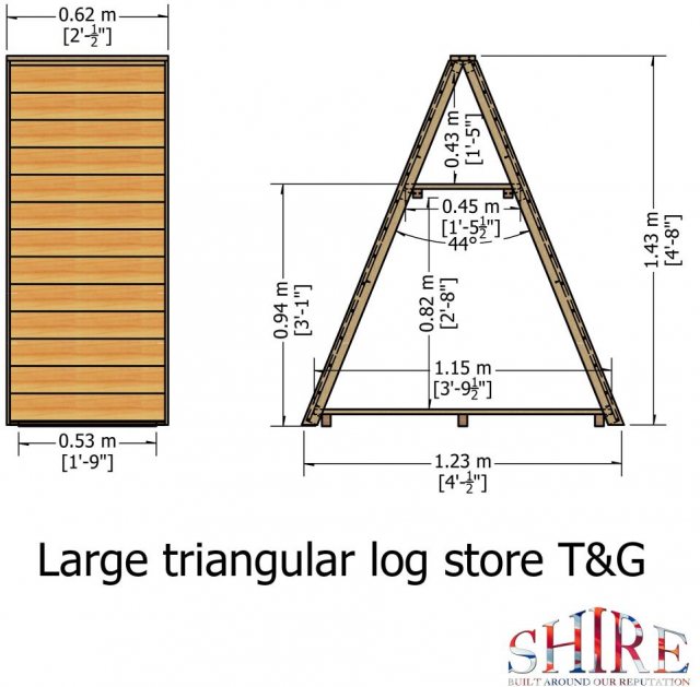 4x2 Shire Large  Tongue and Groove Triangular Log Store - Pressure Treated- dimensional diagram