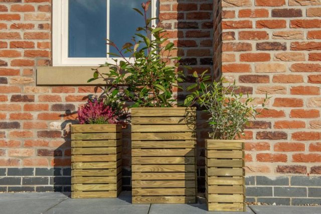Forest Contemporary Slatted Planter - Set of three - In use front on