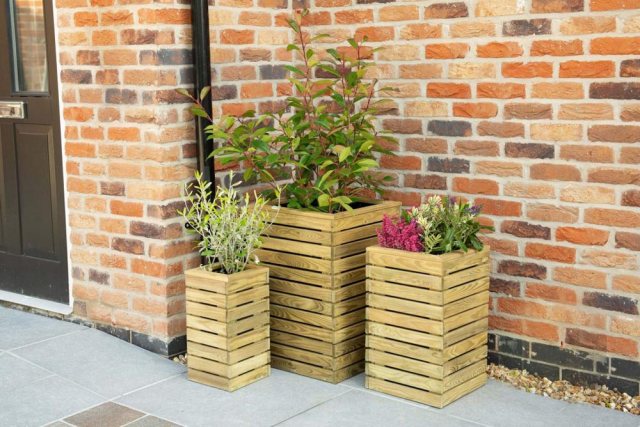 Forest Contemporary Slatted Planter - Set of three - In situ
