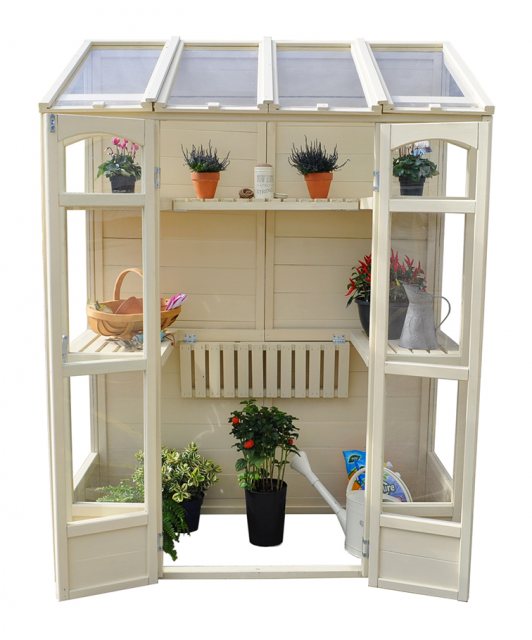 4'10" (1.47m) Wide Victorian Tall Wall Greenhouse  with AutoVent - front view with doors open
