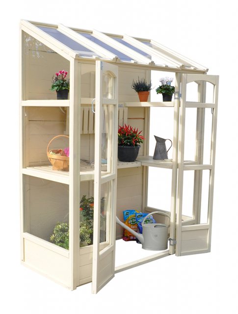 4'10" (1.47m) Wide Victorian Tall Wall Greenhouse with AutoVent  - side elevation with doors open