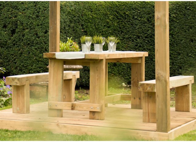 6ft Forest Refectory Table - Pressure Treated - insitu underneath a pergola