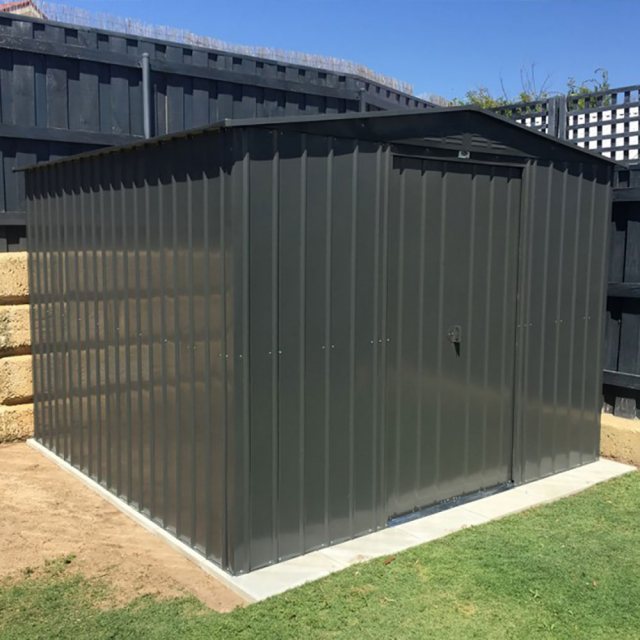 insitu showing double doors closed on the 10x12 Lotus Metal Shed in Anthracite Grey