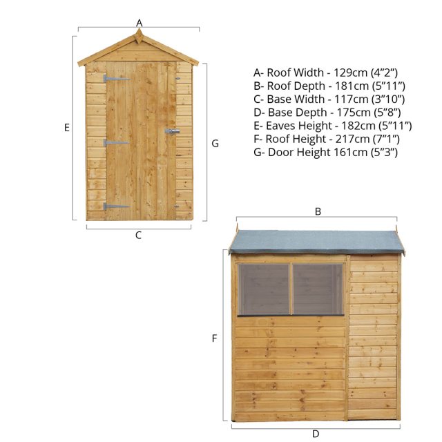 6x4 Mercia Shiplap Apex & Reverse Apex Shed - dimensions for apex style
