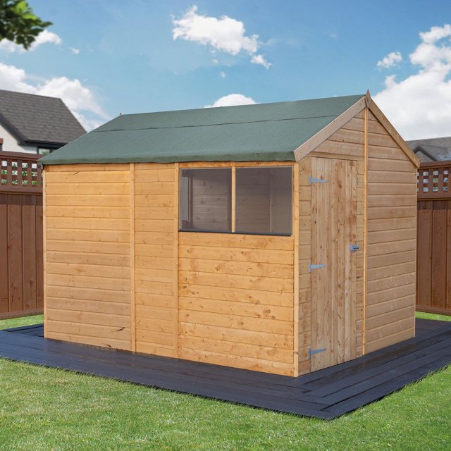 10x8 Mercia Shiplap Apex & Reverse Apex Shed - apex style in situ with door closed