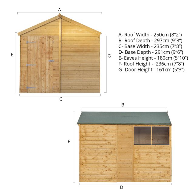 10x8 Mercia Shiplap Apex & Reverse Apex Shed - dimensions for apex style