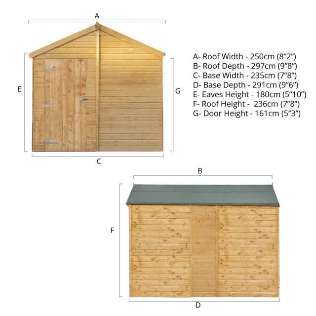 10x8 Mercia Shiplap Apex & Reverse Apex Shed - Windowless - dimensions for apex style