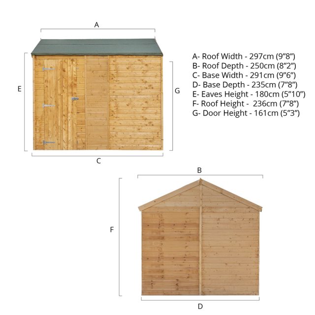 10x8 Mercia Shiplap Apex & Reverse Apex Shed - Windowless - dimensions for reverse apex style