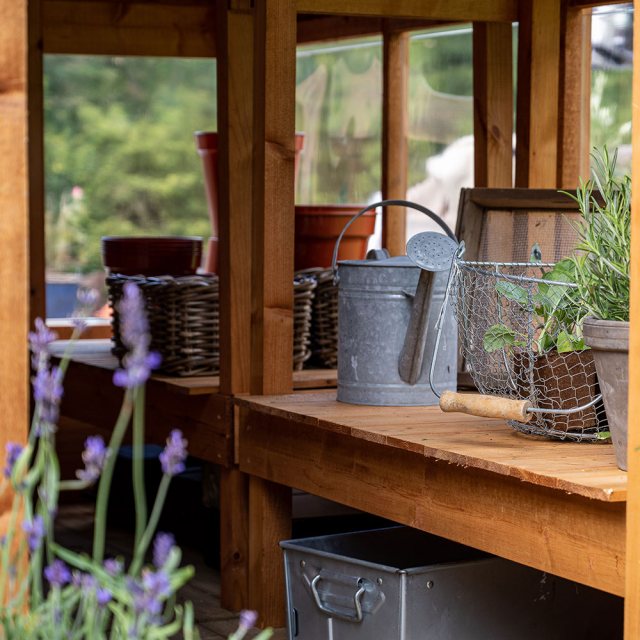 Forest Shiplap Potting Shed - close up of shelving