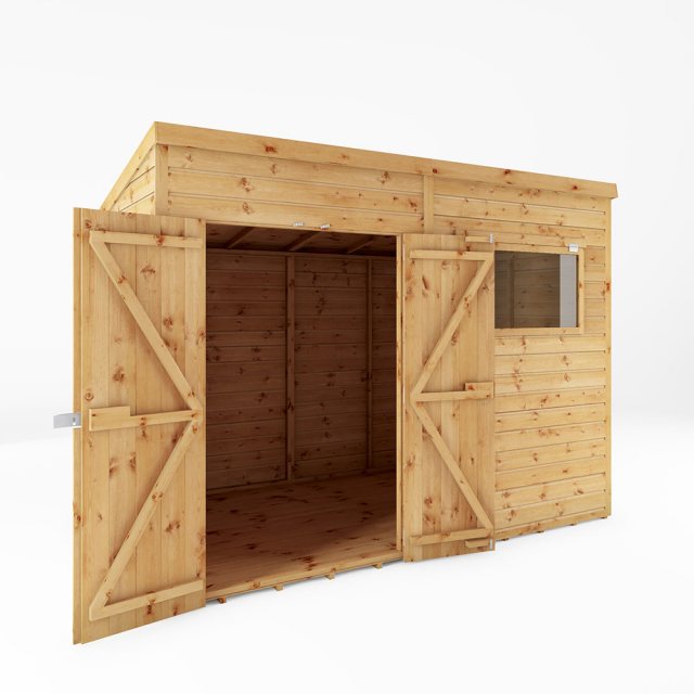 10 x 6 Mercia Premium Shiplap T&G Pent Shed - isolated with doors open