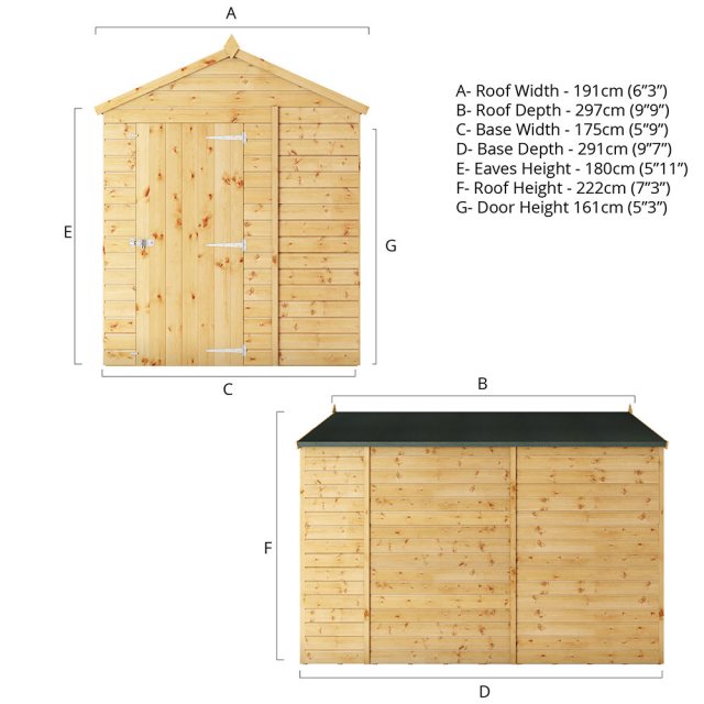 10x6 Mercia Shiplap Apex & Reverse Apex Shed - dimensions for apex style