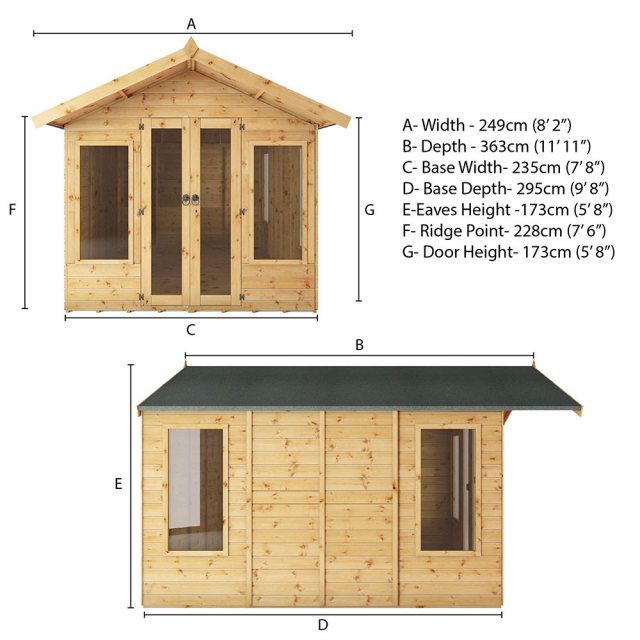 8 x 10 (2.49m x 3.63m) Mercia Premium Sussex Summerhouse - Dimensions