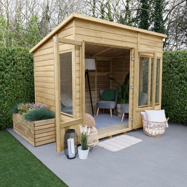 8 x 6  Forest Oakley Pent  Summerhouse - Pressure Treated - In Situ, Unpainted with plant
