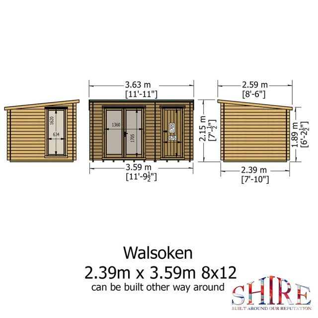 8G x 12 (2.39m x 3.59m) Shire Walsoken Log Cabin with Side Shed - Dimensions