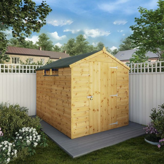 8x6 Mercia Shiplap Apex Security Shed - With Background, Door closed